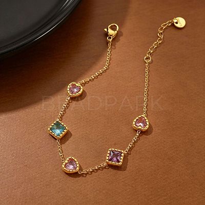 304 Stainless Steel Pave Colorful Cubic Zirconia Rhombus Heart Link Bracelets for Women WG7C819-01-1