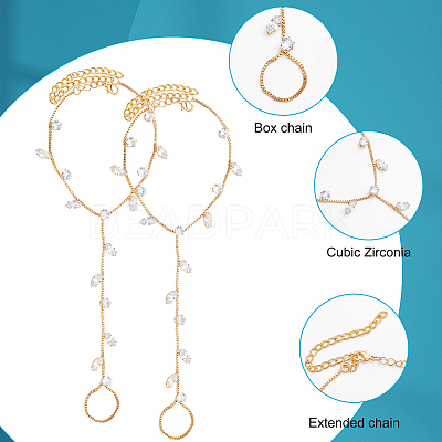2Pcs Brass Clear Cubic Zirconia Box Chain Bracelets for Women BJEW-BBC0001-09G-1