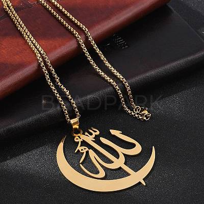 201 Stainless Steel Moon & Arabic Pendants Box Chain Necklaces for Women Men NJEW-R013-02G-1