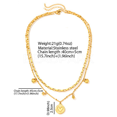 304 Stainless Steel Disc Heart Pendant Double Layer Necklaces for Women WG4F0FA-01-1