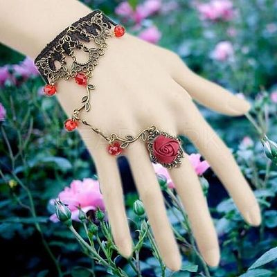 Gothic Style Retro Alloy Lace Flower Link Rings Bracelets for Women WG15940-07-1