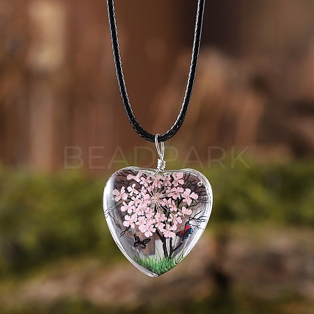 Heart Glass with Dried Flower Tree Inner Pendant Black Waxed Cord Necklaces FS-WG87A6D-01-1
