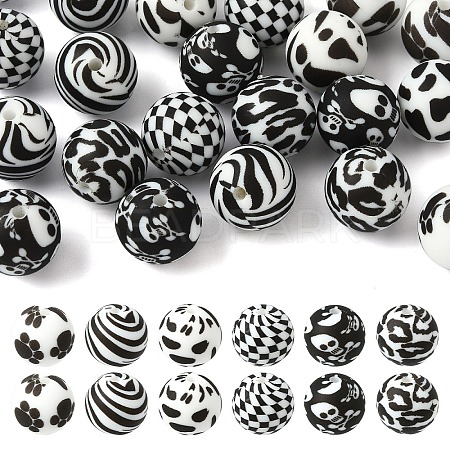 24Pcs 6 Styles Printed Round Silicone Focal Beads SIL-YW0001-78C-1