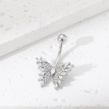 Brass Pave Clear Cubic Zirconia Curved Barbell Butterfly Belly Rings LS-AJEW-L099-01A-P-1