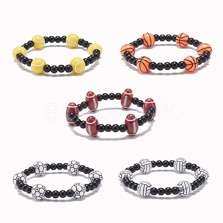 Sport Theme Acrylic Beaded Stretch Bracelet for Men Women BJEW-JB08549-1