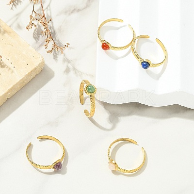 Gemstone Round 304 Stainless Steel Cuff Open Rings for Women RJEW-JR01063-1