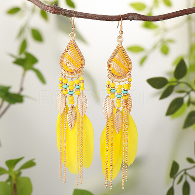 Feather Alloy Seed Beads Dangle Earrings FS-WGA085C-02-1