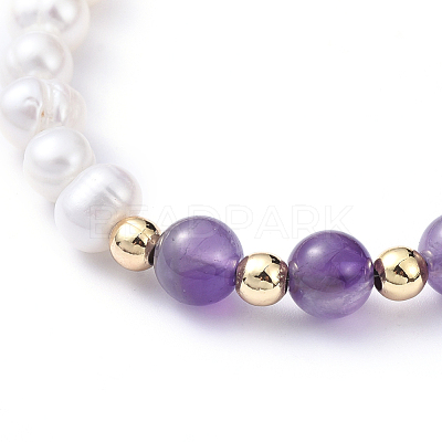 Natural Pearl & Natural Amethyst Beaded Bracelets BJEW-JB05153-02-1