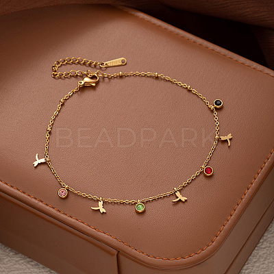 304 Stainless Steel Pave Colorful Cubic Zirconia Charm Anklets for Women FS-WG43DDA-05-1