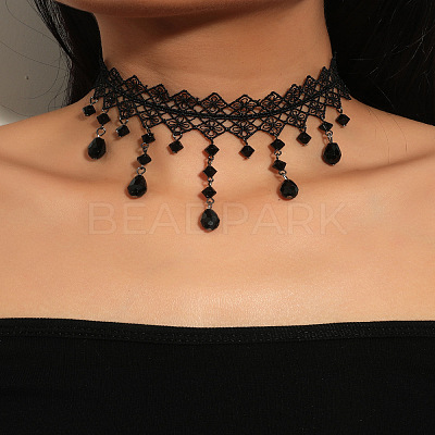 Gothic Style Spider Web Lace Alloy with Glass Teardrop Tassel Choker Necklaces for Women FS-WG111EC-01-1