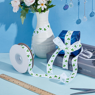 Saint Patrick's Day Polyester Shamrock Printed Grosgrain Ribbons SRIB-WH0011-304B-1