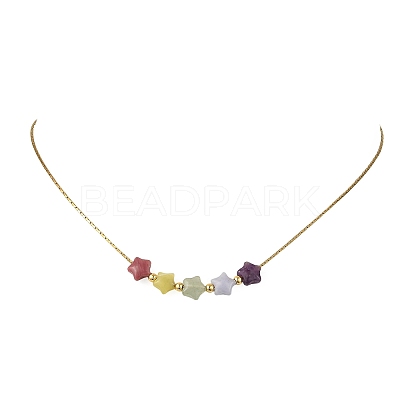 Natural & Synthetic Mixed Gemstone Beaded Pendant 304 Stainless Steel Boston Link Chain Necklaces NJEW-JN06419-01-1