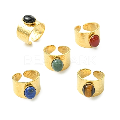 Natural Carnelian/Black Agate/Tiger Eye/Lapis Lazuli/Moss Agate Cuff Open Rings RJEW-JR01079-02-1
