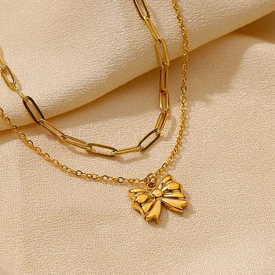 304 Stainless Steel Bowknot Pendant Necklaces LS-NJEW-L182-001G-06-1