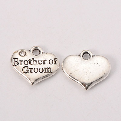 Wedding Party Supply Antique Silver Alloy Rhinestone Heart Carved Word Brother of Groom Wedding Family Charms TIBEP-N005-26D-1