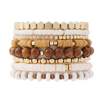 8Pcs Polymer Clay Heishi & CCB Plastic & Glass Beaded Stretch Bracelets Set For Women FS-WGAEA5C-06-1