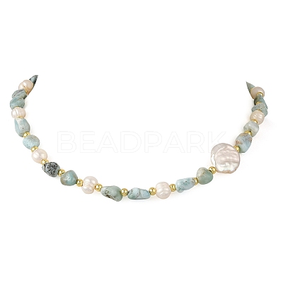 Natural Larimar Nuggets & Natural Cultured Freshwater Pearl & Keshi Pearl Coin Beaded Bracelets NJEW-JN06574-02-1