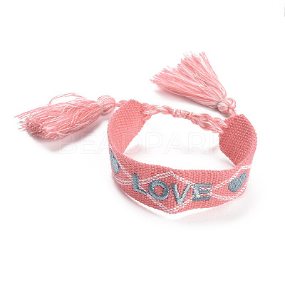 Word Love Polycotton(Polyester Cotton) Braided Bracelet with Tassel Charm LS-BJEW-F429-06-1