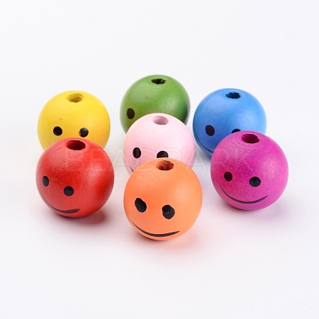 Mixed Color Smiling Face Ball Natural Wooden Chunky Beads Nice for Children's Day Gift Making X-TB317Y-1