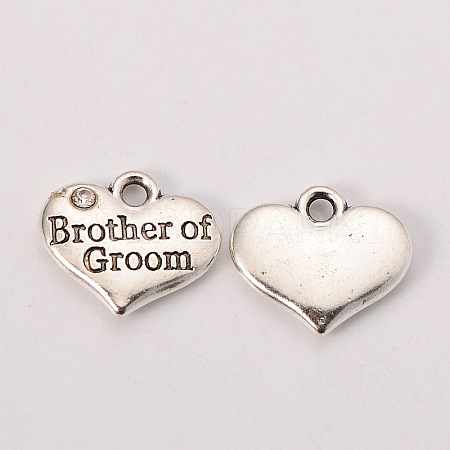 Wedding Party Supply Antique Silver Alloy Rhinestone Heart Carved Word Brother of Groom Wedding Family Charms TIBEP-N005-26D-1