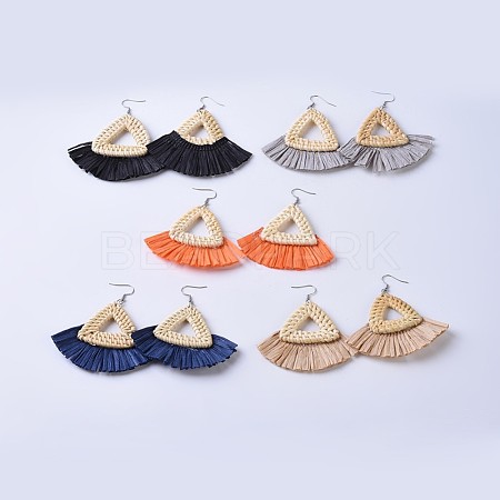 Handmade Reed Cane/Rattan Woven Dangle Earrings EJEW-JE03033-1