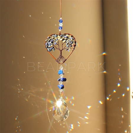 Natural Lapis Lazuli Chip Wrapped Heart with Tree of Life Hanging Ornaments PW-WG90532-09-1