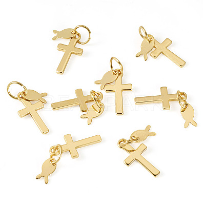 10Pcs Cross with Fish Brass Pendants PALLOY-TAC0271-1