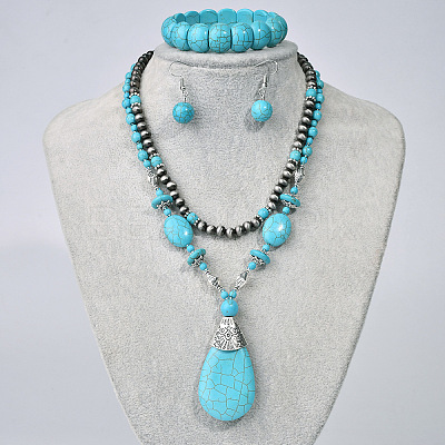 Teardrop Synthetic Turquoise Pendant Necklaces & Dangle Earrings & Stretch Bracelets Sets FS-WGCD8C0-01-1