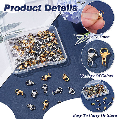 60Pcs 2 Colors 304 Stainless Steel Lobster Claw Clasps STAS-ME0002-18-1