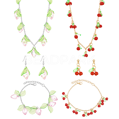 2 Styles Strawberry Cherry Iron Acrylic Pendant Necklaces & Dangle Earrings & Bracelets Set for Girl SJEW-HY0001-05-1