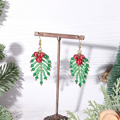 Leaf Glass Pearl Dangle Earrings EJEW-TA00739-1