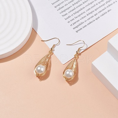 Shell Pearl Braided Teardrop Dangle Earrings EJEW-TA00088-1