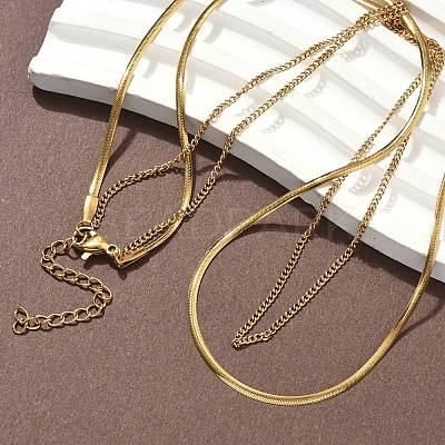 304 Stainless Steel Flat Snake Chain Twisted Chain Double Layer Necklaces NJEW-S453-01G-A-1