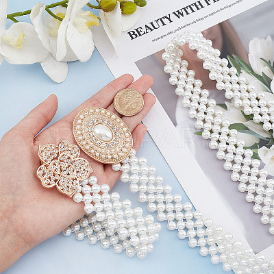 2Pcs 2 Style ABS Plastic Pearl Braided Stretch Chain Belts with Alloy Oval Clasp AJEW-CP0001-65-1