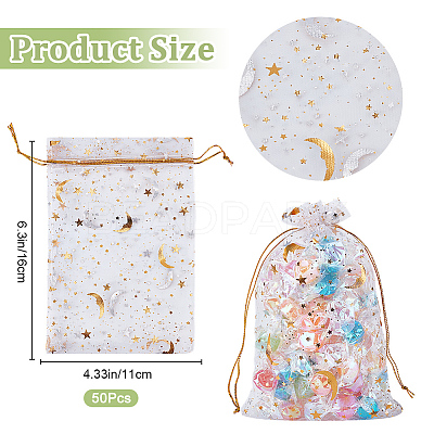50Pcs Gold Stamping Moon & Star Organza Drawstring Gift Storage Bags OP-BBC0001-03B-01-1