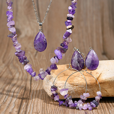 Bohemian Style Natural Amethyst Teardrop Pendant Necklaces & Chip Beaded Necklaces & Hoop Earrings & Dangle Earrings Sets WG11994-01-1