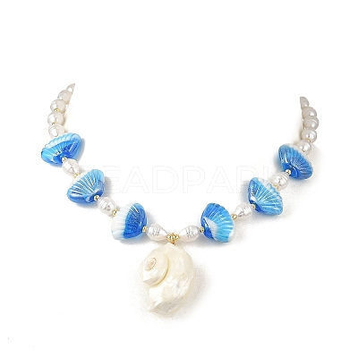 Summer Beach Natural Sea Shell Pendant Handmade Lampwork & Imitation Pearl Beaded Necklaces NJEW-JN06371-1