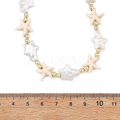 Ocean Synthetic Turquoise Starfish & Natural Baroque Keshi Pearl Star Beaded Necklaces for Women NJEW-JN06314-1