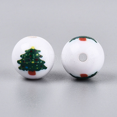 Christmas Printed Opaque Acrylic Round Beads OACR-T029-08F-1