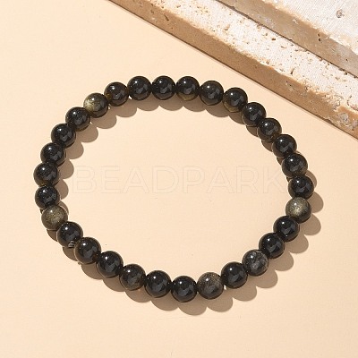 Natural Golden Sheen Obsidian Bead Stretch Bracelets X-BJEW-K212-A-020-1