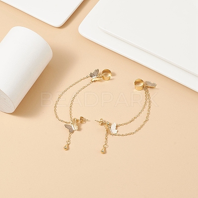 Brass Butterfly with Hanging Chain Dangle Stud Earrings EJEW-TA00152-1
