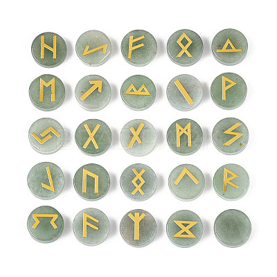 Brass Elder Futhark Alphabet Engraved Symbol Flat Round Natural Green Aventurine Rune Stones G-I373-01I-1