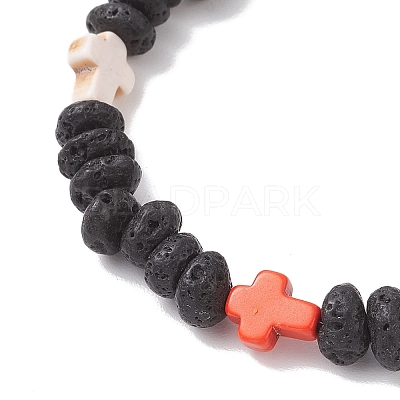 Synthetic Turquoise Cross & Natural Lava Rock Nuggets Beaded Bracelets BJEW-JB12194-1