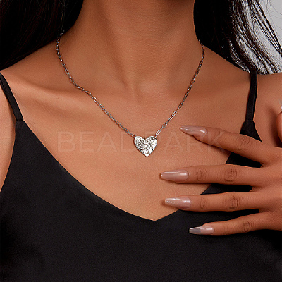 Anti-Tarnish Heart Rhodium Plated Sterling Silver Paperclip Chains Pendant Necklaces for Women UH9338-3-1