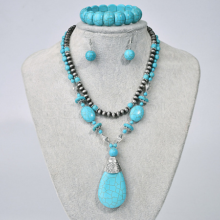 Teardrop Synthetic Turquoise Pendant Necklaces & Dangle Earrings & Stretch Bracelets Sets FS-WGCD8C0-01-1