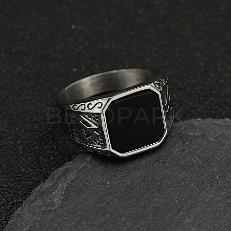 304 Stainless Steel with Natural Black Agate Finger Rings FS-WG06E27-23-1
