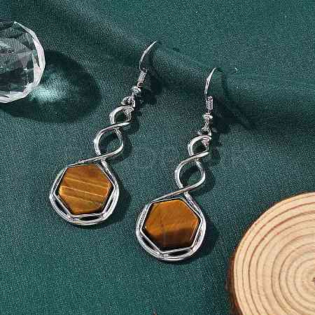 Hexagon Natural Tiger Eye Dangle Earrings EJEW-K298-01P-12-1