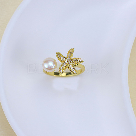 Natural Freshwater Pearl with Clear Cubic Zirconia Cuff Rings WGACE42-22-1