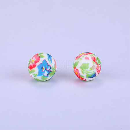 Printed Round with Flower Pattern Silicone Focal Beads SI-JX0056A-116-1