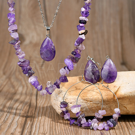 Bohemian Style Natural Amethyst Teardrop Pendant Necklaces & Chip Beaded Necklaces & Hoop Earrings & Dangle Earrings Sets WG11994-01-1